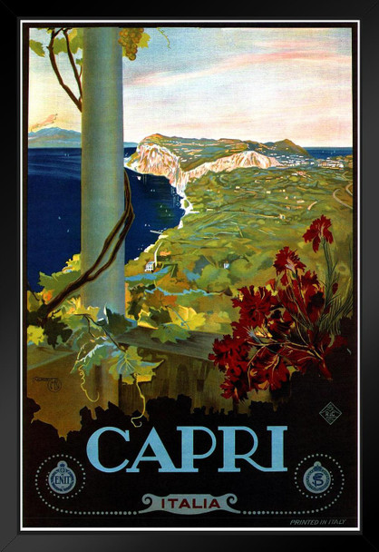 Visit Capri Italy Ocean Historic Coastal Town City Vintage Illustration Travel Cool Wall Decor Art Print Black Wood Framed Poster 14x20