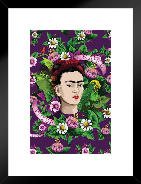 Frida Kahlo Flowers Background Self Portrait Face Painting Feminist Feminism Painter Pop Art Colorful Purple Matted Framed Art Wall Decor 20x26