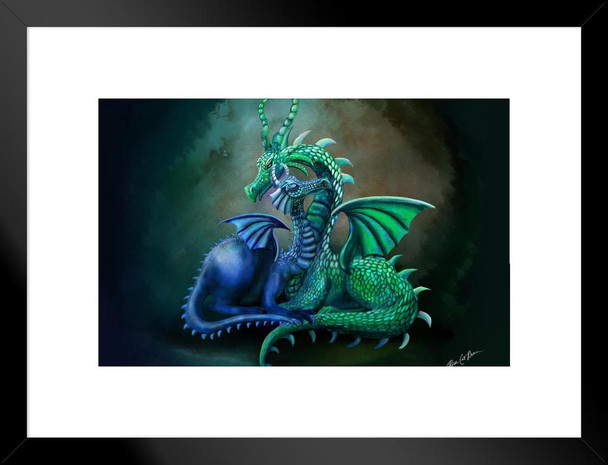 Green and Blue Dragon Cuddling Pair by Rose Khan Fantasy Poster Loving Dragons Embrace Matted Framed Art Wall Decor 20x26