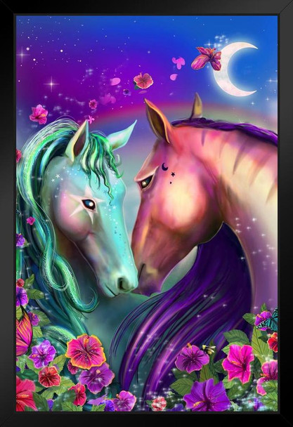 Unicorn Pair in a Moonlight Garden by Rose Khan Cool Wall Decor Art Print Black Wood Framed Poster 14x20