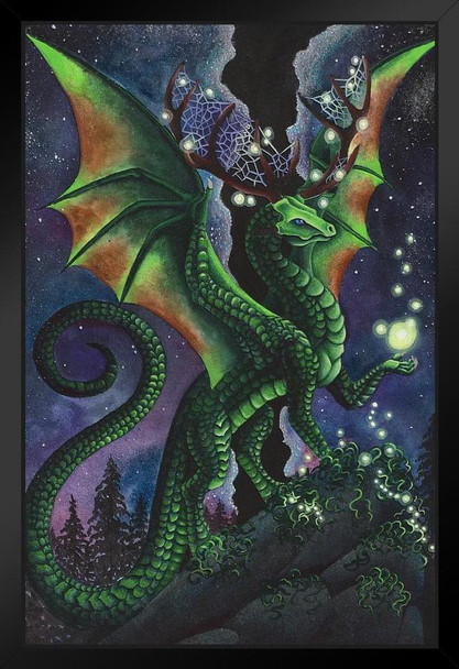 Dream Keeper Dream Catcher Dragon by Carla Morrow Fantasy Poster Green Dragon Nature Mystical Black Wood Framed Art Poster 14x20