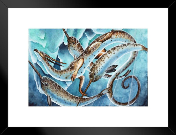 Icy Depths by Carla Morrow Dragon Narwhal Whales Swimming Under Arctic Ice Fantasy Cool Wall Decor Matted Framed Wall Decor Art Print 20x26