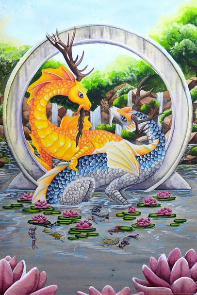 Laminated Unity by Carla Morrow Golden Carp Dragon Yin Yang in Pond Fantasy Poster Dry Erase Sign 24x36