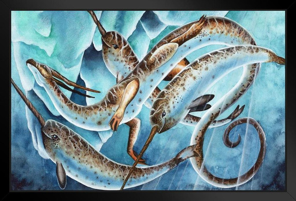Icy Depths by Carla Morrow Dragon Narwhal Whales Swimming Under Arctic Ice Fantasy Cool Wall Decor Art Print Black Wood Framed Poster 14x20