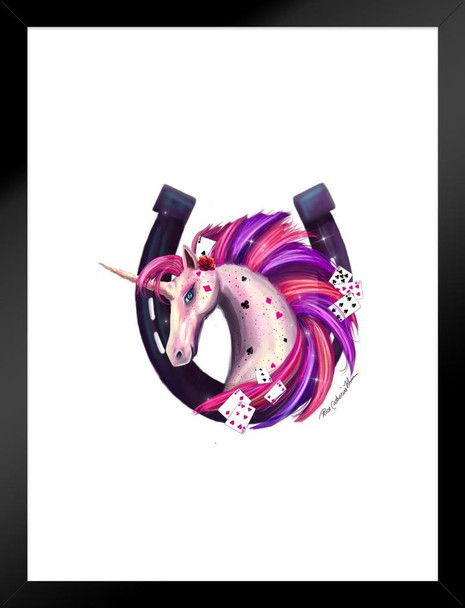 Lucky Horseshoe Pink and Purple Unicorn With Playing Cards by Rose Khan Cool Wall Decor Matted Framed Wall Decor Art Print 20x26