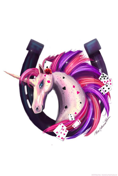 Laminated Lucky Horseshoe Pink and Purple Unicorn With Playing Cards by Rose Khan Poster Dry Erase Wall Art 24x36