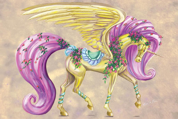 Laminated Yellow Pegasus Carousel Horse Unicorn with Flowers by Rose Khan Poster Dry Erase Wall Art 24x36