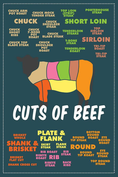 Laminated Cuts of Beef Meat Color Coded Chart Butcher Dark Cow Diagram Sign Cow Pictures Wall Decor Cow Pictures Food Picture of a Cow Prints Wall Art Cow Print Wall Decor Poster Dry Erase Sign 24x36