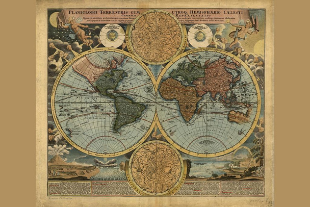 Laminated Antique Map of the World Planiglobii 1716 Travel World Map with Cities in Detail Map Posters for Wall Map Art Wall Decor Geographical Illustration Vintage Poster Dry Erase Wall Art 36x24