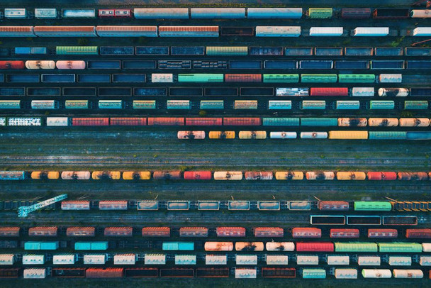 Laminated Colorful Freight Train Cars Locomotives At Depot Aerial View Poster Dry Erase Sign 36x24