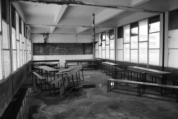 Laminated Abandoned Classroom Bujumbura Burundi Africa Black And White Photo Educational Teacher Learning Homeschool Chart Display Supplies Teaching Aide Poster Dry Erase Wall Art 36x24