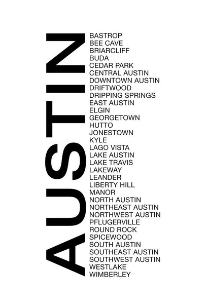 Laminated Neighborhoods Austin Texas Round Rock Cedar Park Georgetown Pflugerville Kyle White Poster Dry Erase Wall Art 24x36