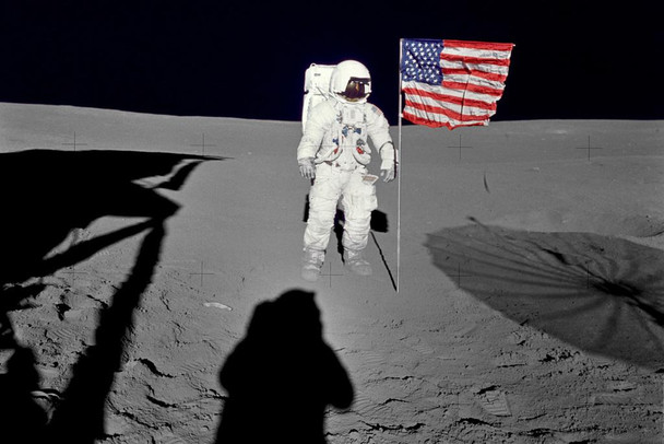Laminated Astronaut Space Walk Moon American Flag United States Space Program Photograph Poster Dry Erase Sign 24x36