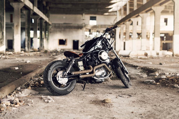 Laminated Powerful Machine Customized Motorcycle Bike In Abandoned Building Garage Photo Poster Dry Erase Wall Art 36x24