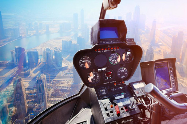 Laminated Helicopter Flying Over Dubai Skyline Aerial Photo Photograph Poster Dry Erase Sign 36x24