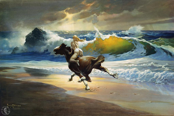 Laminated Wild Ride by Frank Frazetta Wall Art Gothic Fantasy Decor Frank Frazetta Artwork Beach Art Prints Wave Battle Posters Frazetta Illustration Woman Horseback Poster Dry Erase Wall Art 24x36