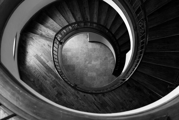 Laminated Spiral Staircase Architectural Black and White Photo Photograph Poster Dry Erase Wall Art 36x24