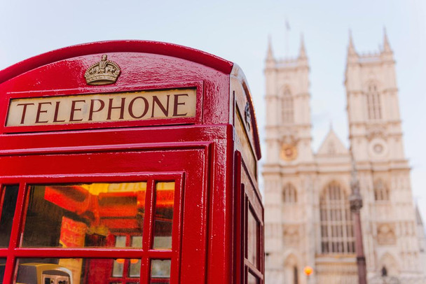 Laminated Iconic London Red Phone Booth Westminster Abbey Photo Photograph Poster Dry Erase Sign 36x24