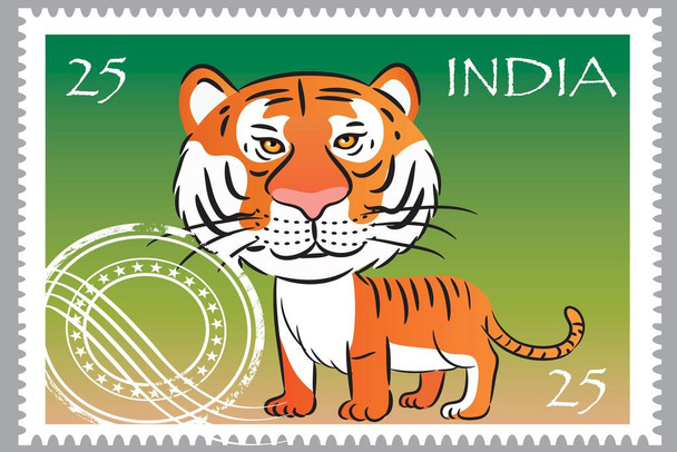 Laminated India Bengal Tiger Cartoon Travel Postage Stamp Tiger Art Print Tiger Pictures Wall Decor Tiger Stripe Print Jungle Animal Art Print Tiger Whiskers Decor Poster Dry Erase Sign 36x24