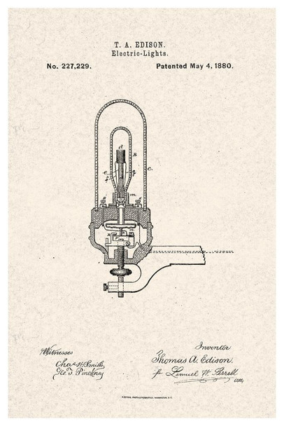 Laminated Thomas Edison Electric Light Bulb 1880 Official Patent Tan Color Blueprint Diagram Filament Bulb Science Engineering Math Educational Sign Decoration Poster Dry Erase Sign 24x36