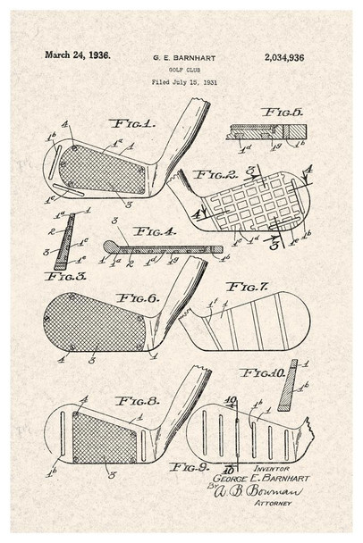 Laminated Golf Club 1931 Official Patent Diagram Poster Dry Erase Sign 24x36