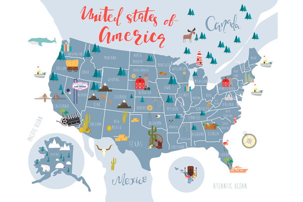 Laminated United States Of America Map With State Symbols US Map with Cities in Detail Map Posters for Wall Map Art Wall Decor Country Illustration Tourist Destinations Poster Dry Erase Sign 36x24