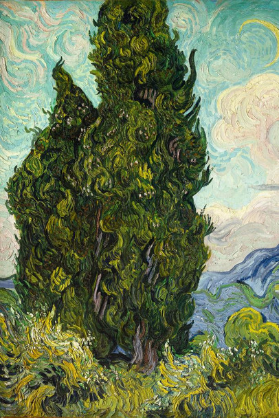 Laminated Vincent van Gogh Cypress Trees Poster 1889 Nature Dutch Post Impressionist Landscape Painting Poster Dry Erase Sign 24x36