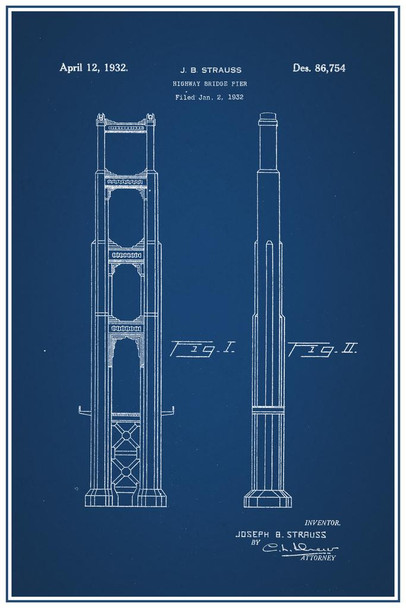 Laminated Golden Gate Bridge Highway Pier Official Patent Blueprint Poster Dry Erase Sign 24x36