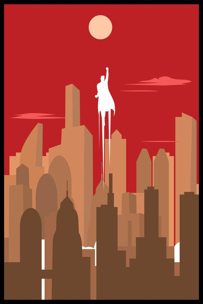 Laminated Superhero Silhouette Art Deco Skyline Retro Art Print Poster Dry Erase Wall Art 24x36