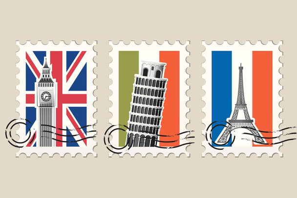 Laminated European Landmark Stamps Big Ben Eiffel Tower Flag Art Print Poster Dry Erase Sign 36x24