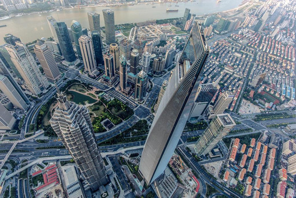 Laminated Fly over Shanghai Jin Mao Tower Aerial Photo Photograph Poster Dry Erase Wall Art 36x24