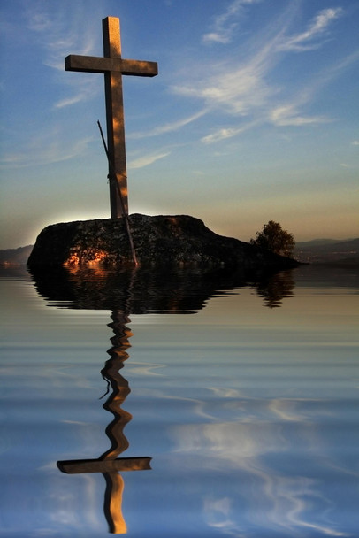 Cross Reflecting in Water at Sunset Photo Photograph Cool Wall Decor Art Print Poster 12x18