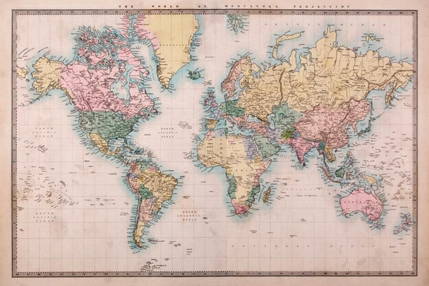 Laminated World Of Mercators Projection Vintage Antique Historical Cartographic Print Poster Dry Erase Sign 36x24