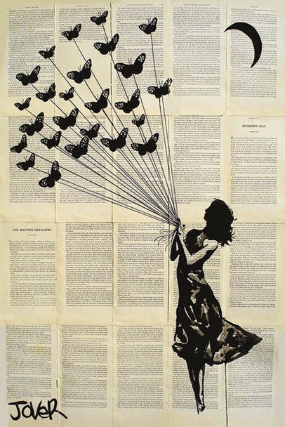 Laminated Loui Jover Butterflying Ink Drawing On Vintage Book Paper Pages Printed Words Art Poster Dry Erase Sign 24x36