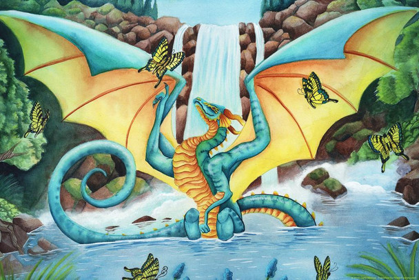 Woodland Summer by Carla Morrow Nature Dragon In Waterfall River with Butterflies Fantasy Cool Wall Decor Art Print Poster 24x36