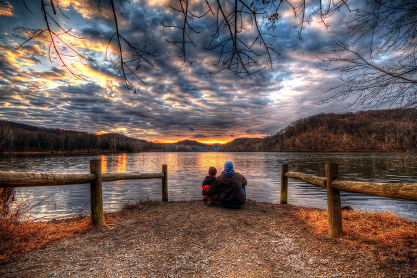 Laminated Father and Son Enjoying Lake Sunrise Photo Photograph Poster Dry Erase Sign 36x24