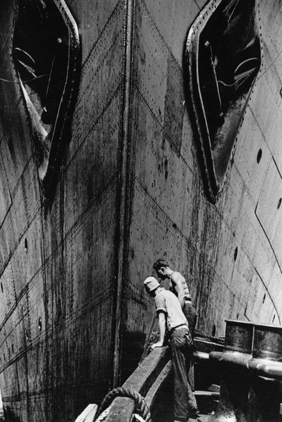 Laminated Workers Examining an Ocean Liners Bow Archival Photo Photograph Poster Dry Erase Sign 24x36