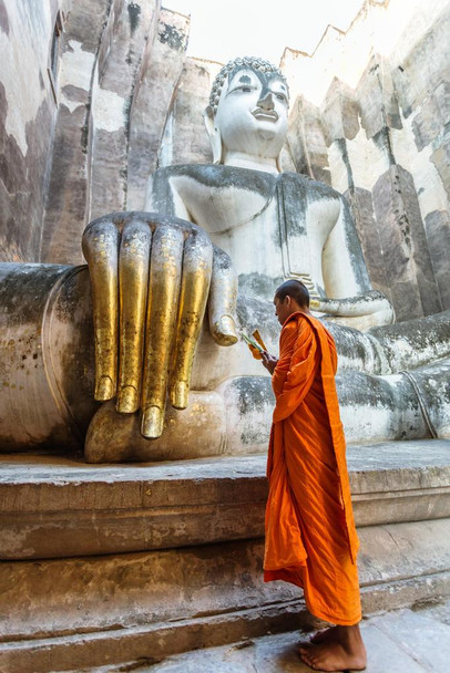 Laminated Monk Praying Near Giant Buddha Hand in Thailand Photo Photograph Poster Dry Erase Sign 24x36
