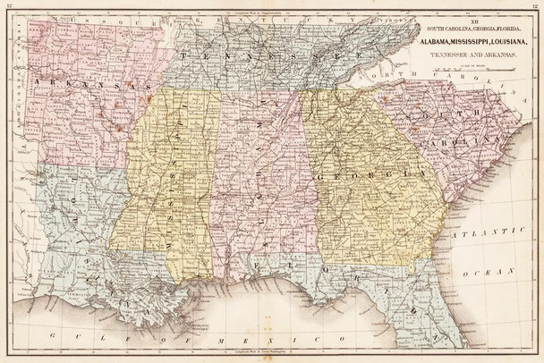 Laminated Southern United States 1867 Antique Style Map US Map with Cities in Detail Map Map Art Wall Decor Country Illustration Tourist Travel Destination Poster Dry Erase Wall Art 36x24