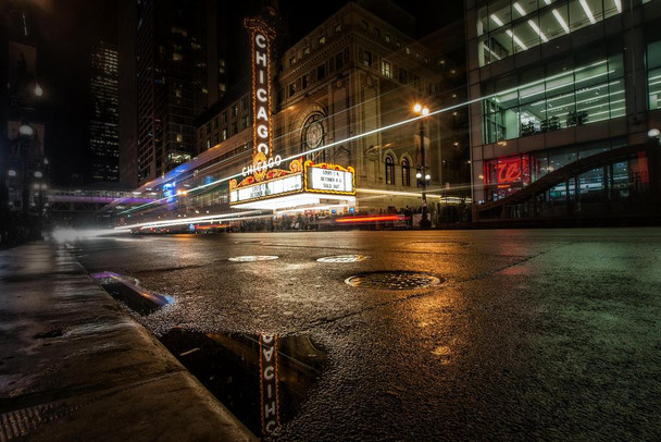 Laminated Chicago Theatre at Night Reflection Photo Photograph Poster Dry Erase Wall Art 36x24