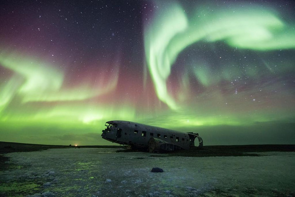 Laminated Aurora Polaris in Sky Above Iceland DC 3 Wreckage Photo Photograph Poster Dry Erase Sign 36x24