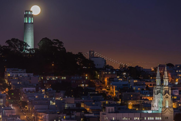 Laminated Moon Over Telegraph Hill San Francisco Skyline Photo Photograph Poster Dry Erase Wall Art 36x24