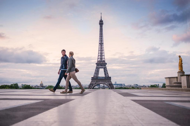 Laminated Couple Walking Near Eiffel Tower Paris France Photo Photograph Poster Dry Erase Wall Art 36x24