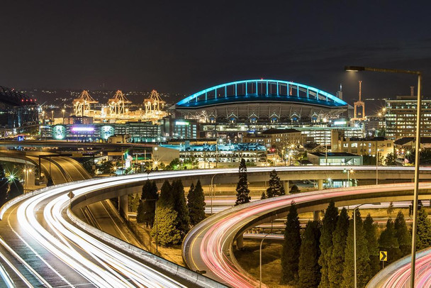 Laminated Seattle Skyline with CenturyLink Field at Night Photo Photograph Poster Dry Erase Sign 36x24