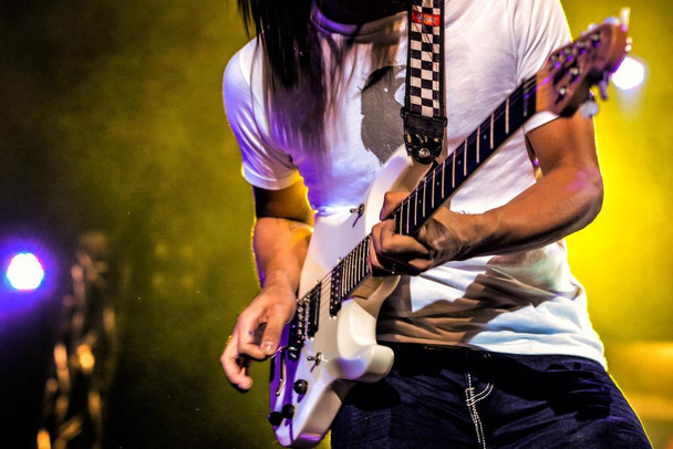 Laminated Guitar and Guitarist on Smokey Stage Photo Photograph Poster Dry Erase Wall Art 36x24