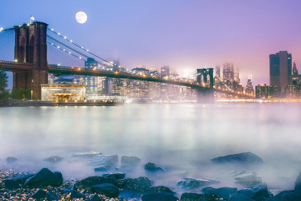 Laminated Gotham Fog over East River and Brooklyn Bridge Photo Photograph Poster Dry Erase Sign 36x24