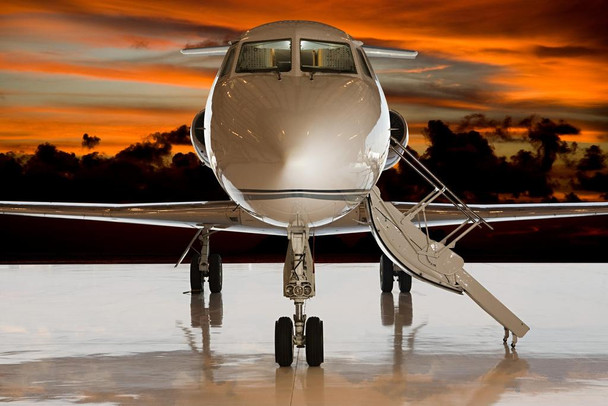 Laminated Private Airplane Jet at Sunset Runway Tarmac Photo Photograph Poster Dry Erase Sign 36x24