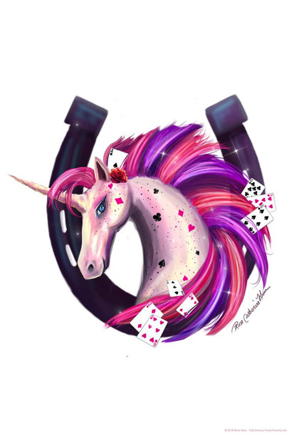 Laminated Lucky Horseshoe Pink and Purple Unicorn With Playing Cards by Rose Khan Poster Dry Erase Sign 12x18