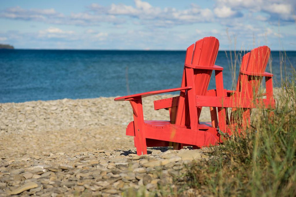 Laminated Red Muskoka Chairs on the Banks of the Georgian Bay Photo Photograph Poster Dry Erase Wall Art 36x24