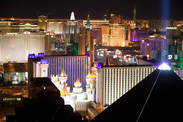 Laminated Las Vegas Nevada Strip Cityscape Illuminated at Night Luxor Excalibur Photo Photograph Poster Dry Erase Sign 36x24